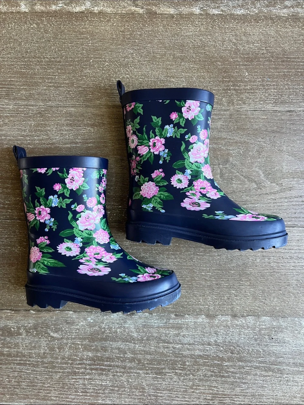 EUC Janie and Jack Floral Navy Rain Boots